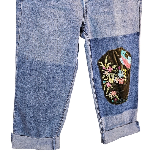 Hippie Denim Boho Embroidered Patchwork Slim Straight Jeans 31 Cropped Unique - Picture 8 of 13